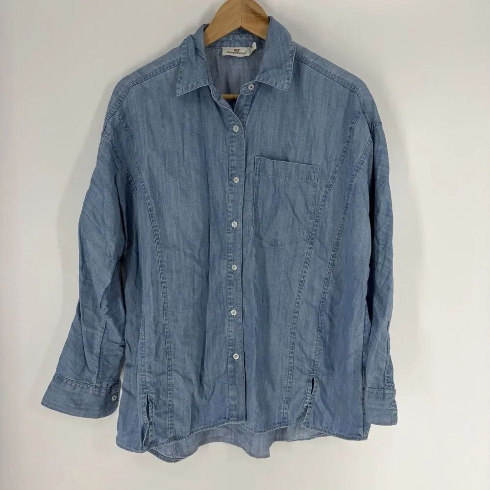 Vineyard Vines Shirt Size 6 Womens Blue Chambray Button Up Cowgirl Denim Top